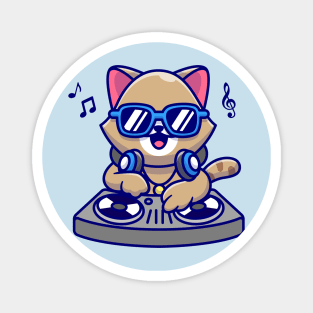 Cute Cat Playing Dj Music With Headphone Cartoon Magnet